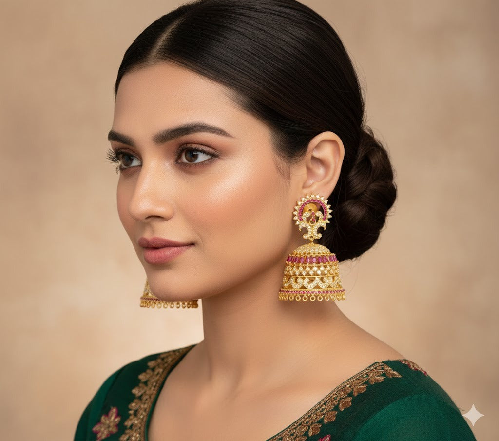 Gold tone cz ruby peacock big jhumkka dj-19724