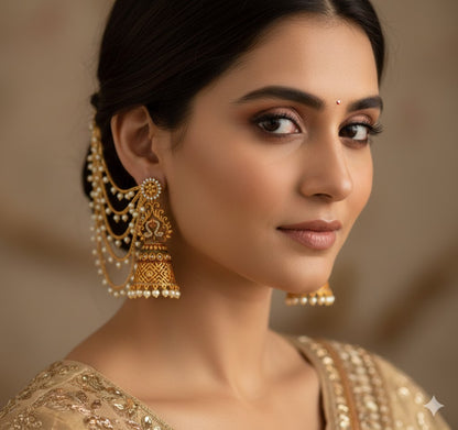Matte finish ruby-green-white peacock jhumkka with pearl multi layer ear side chain dj-47936