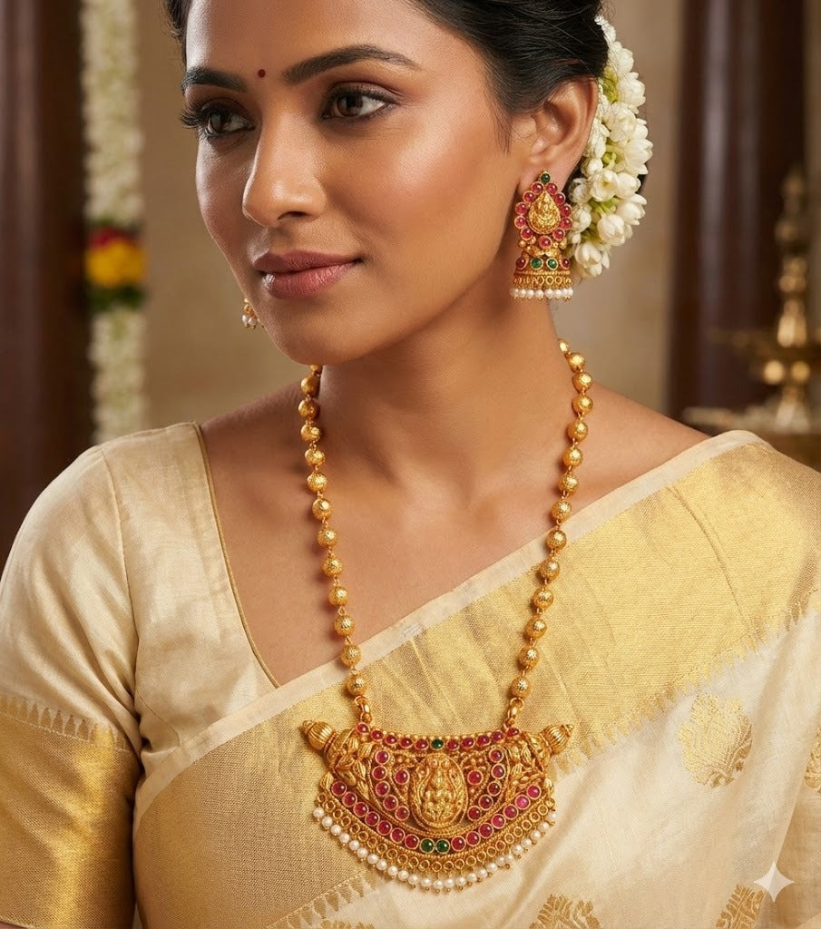 Antique gold tone Kemp-green Pearl Chain/Necklace Set DJ20677