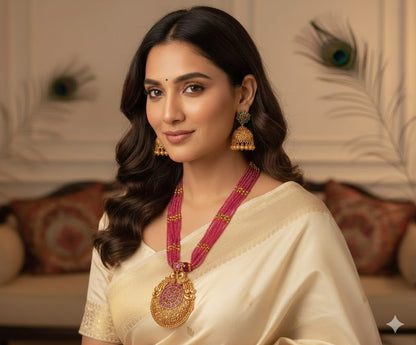 Matte Finish Ruby-emerald Peacock Beaded Necklace Set DJ20680