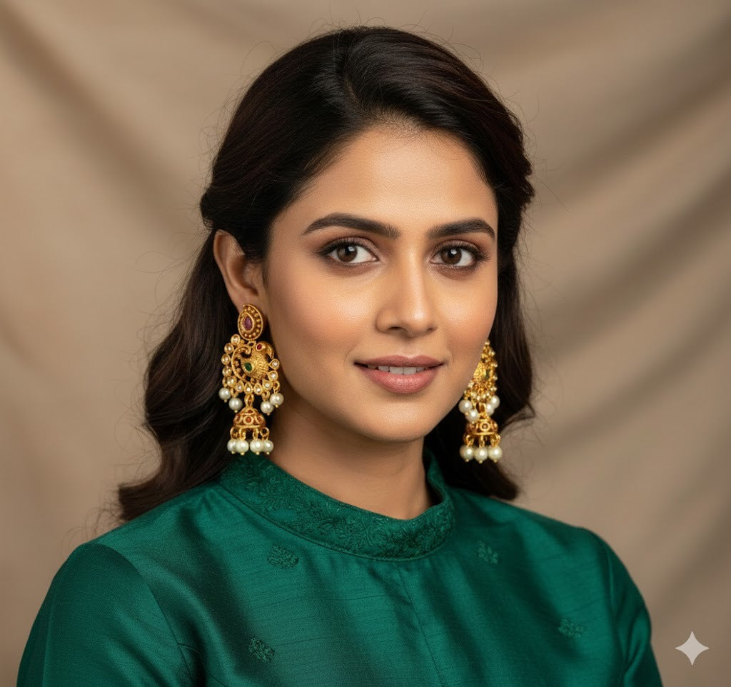 Matte Finish Ruby-emerald pearl Swan jhumkka DJ20696