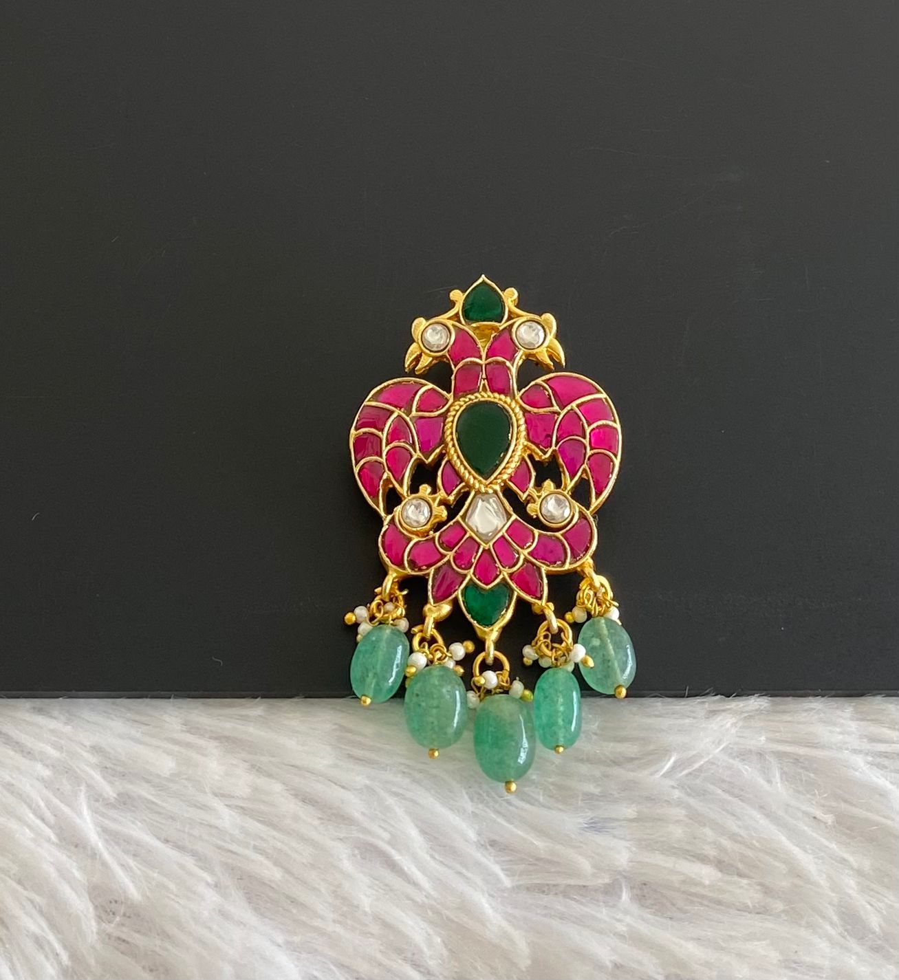 Gold tone pink-green-white kundan jadau ganda berunda small green bead pendant dj-50661