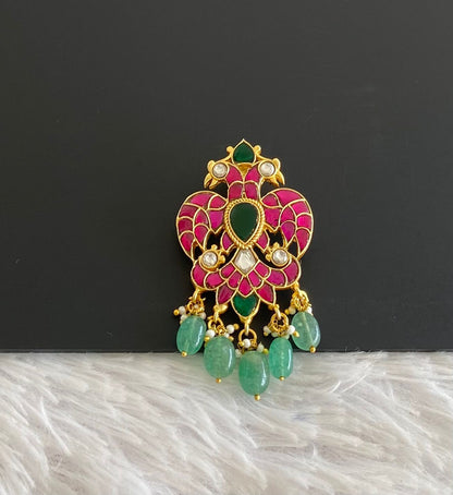 Gold tone pink-green-white kundan jadau ganda berunda small green bead pendant dj-50661