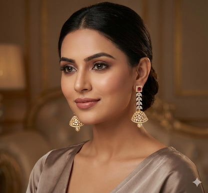 Gold tone ruby-white block stone long jhumkka dj-47679