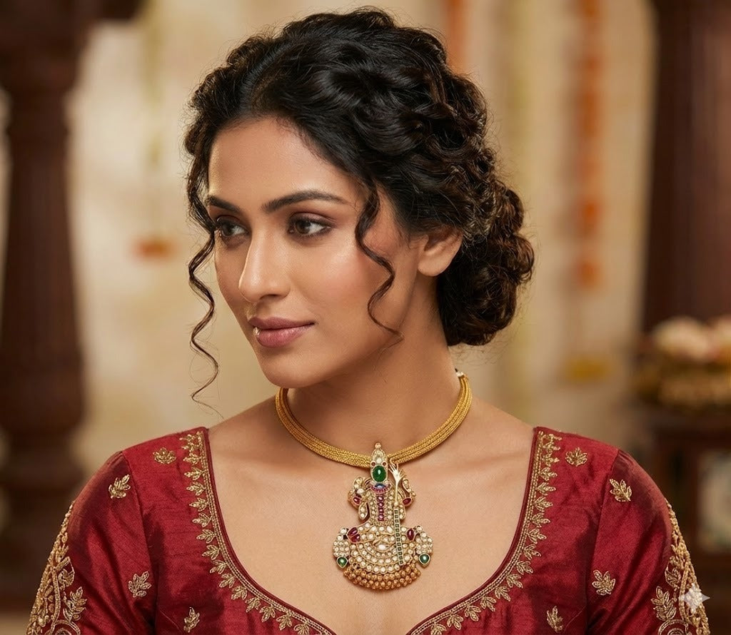 Matte finish kemp-green-white-blue kamakshi necklace dj-47642