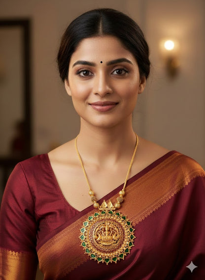 Gold tone kerala style pink green palakka lakshmi peacock big round pendant necklace dj-47669