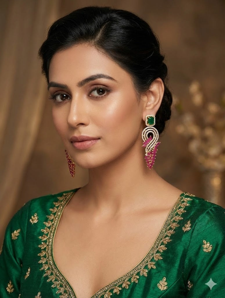 Gold tone ruby-green-white block stone long earrings dj-47681