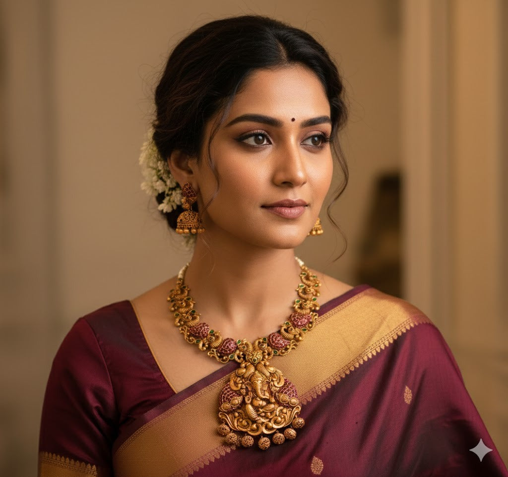 Matte finish kemp-green ganesha peacock nagasu necklace set dj-47690