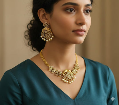 Matte finish cz green-white pearl peacock mango necklace set dj-47749
