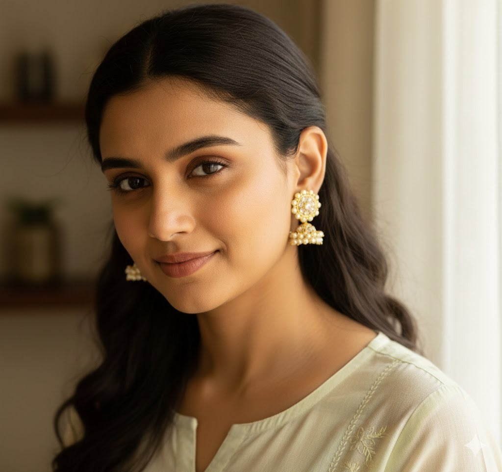 Gold tone AD white pearl small jhumkka dj-51450