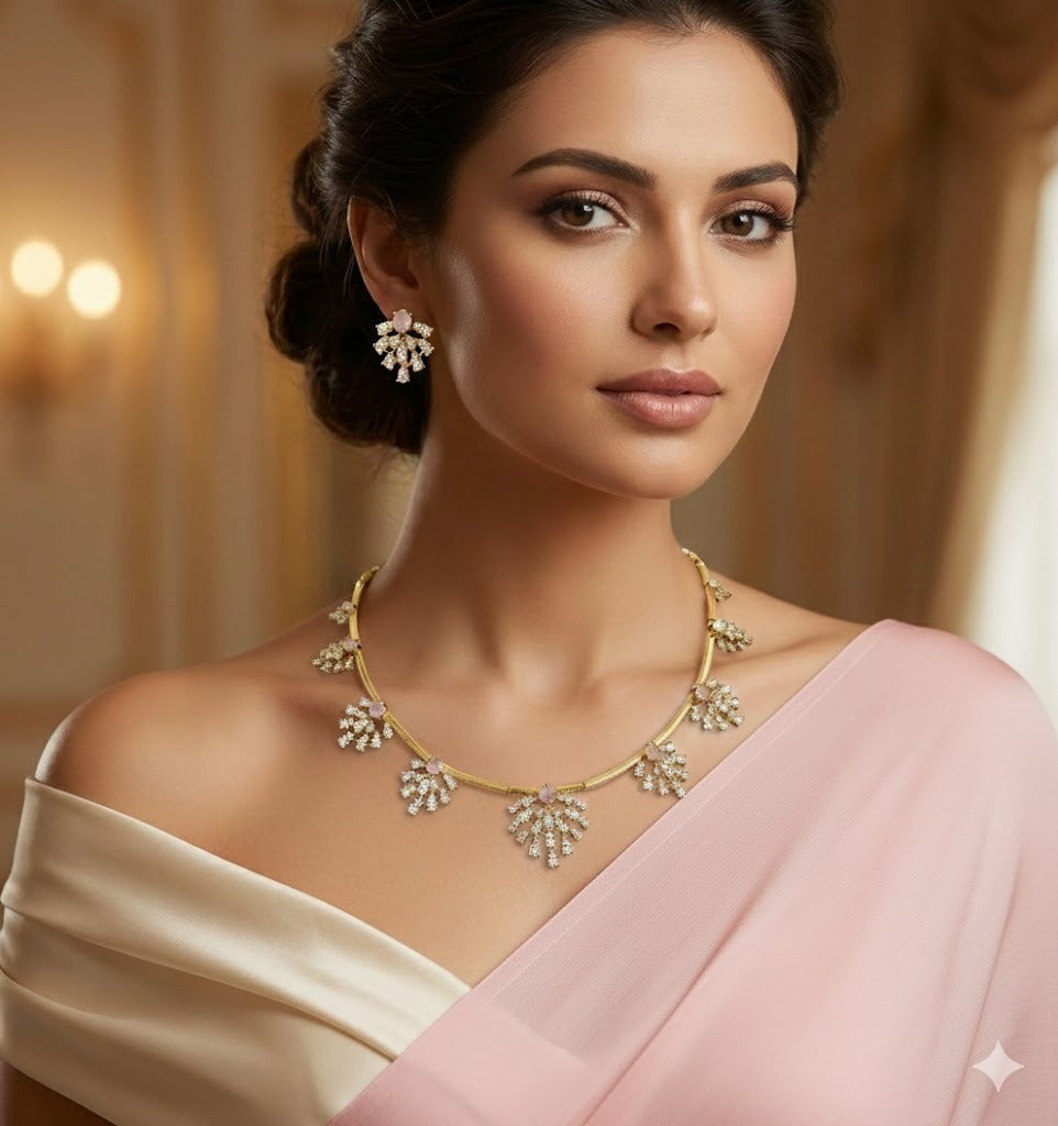 Matte finish cz white-baby pink kanti necklace set dj-52115