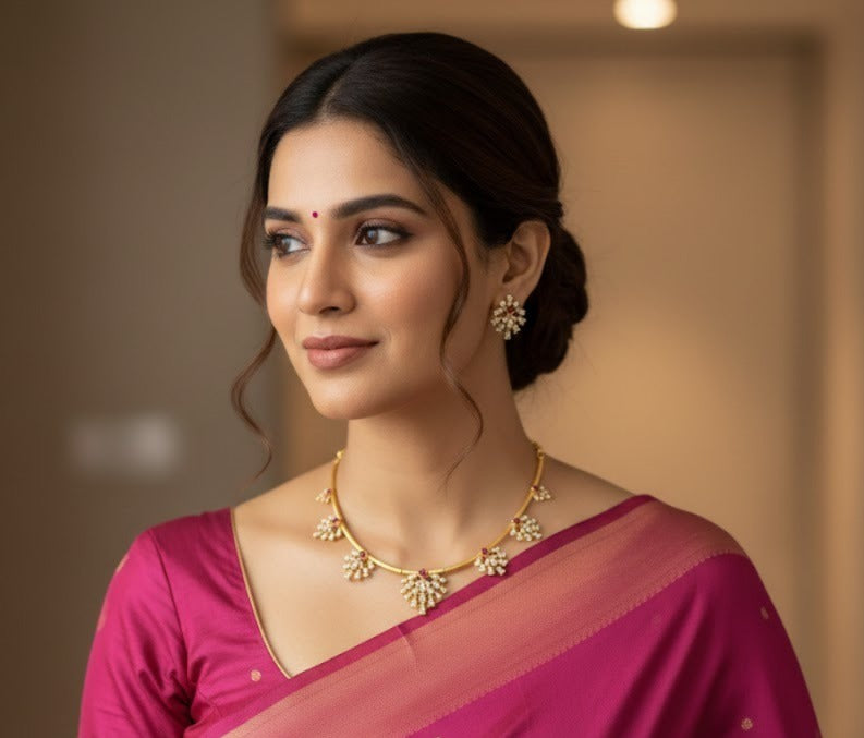 Matte finish cz white-magenta pink kanti necklace set dj-52117