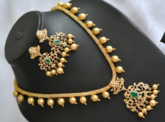 Gold tone cz-green pearl necklace set dj-01669