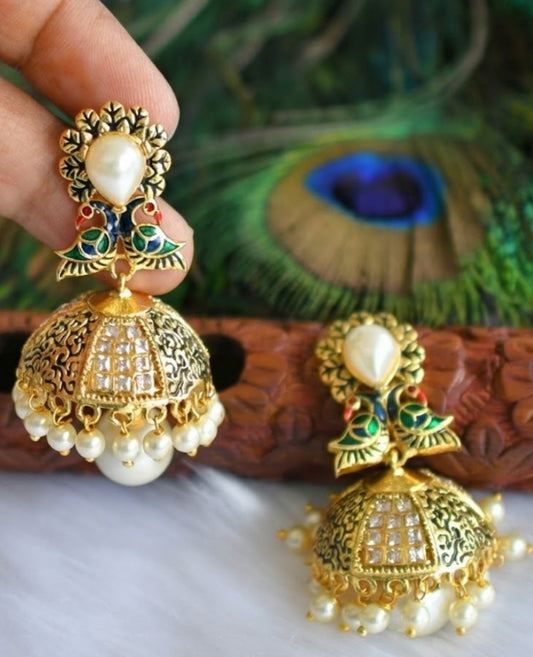 Antique gold tone pearl meenakari peacock Jhumkka dj-01203