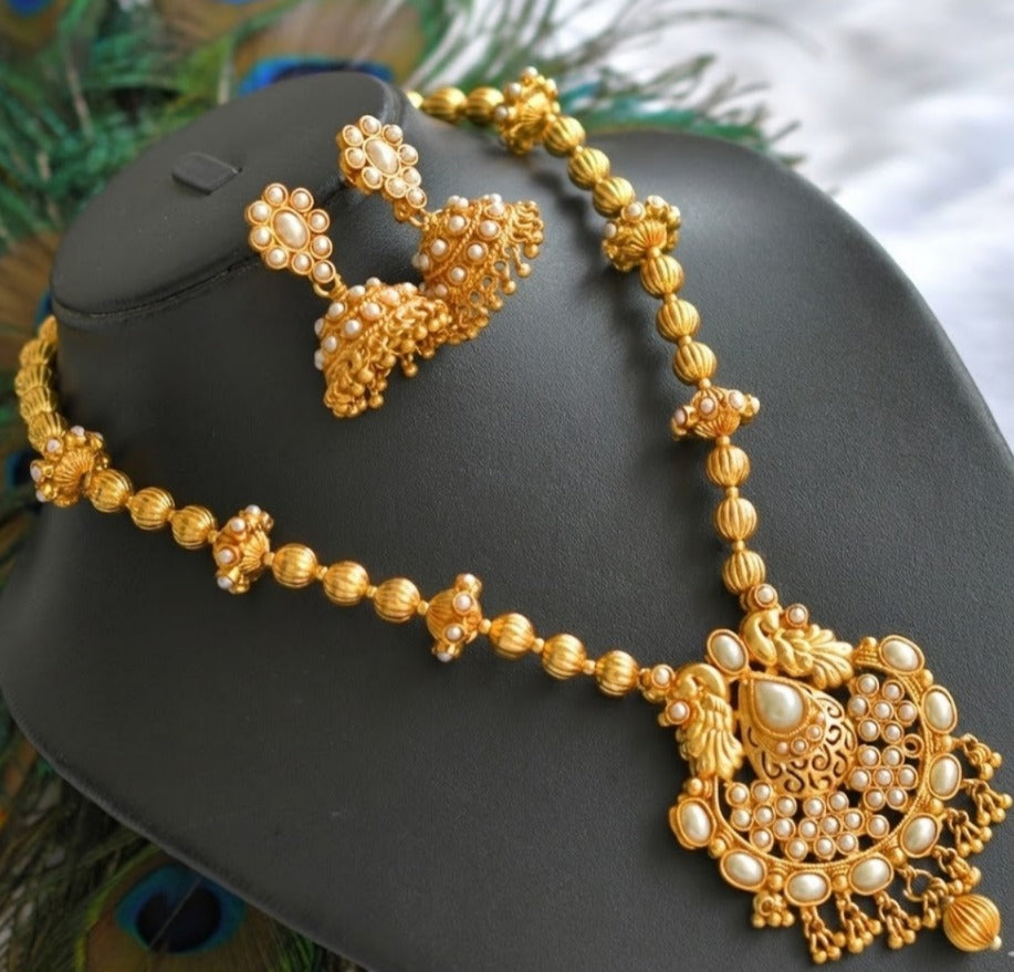Antique gold tone Pearl beaded Peacock Necklace Set-dj03481