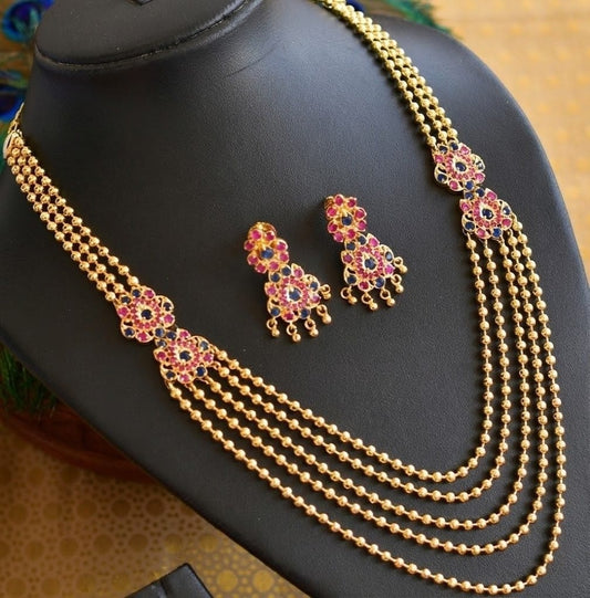 Gold tone ruby-blue Multilayer mugappu chain set dj-03495