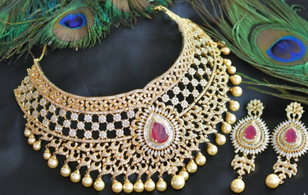Gold tone cz-ruby bridal royal choker necklace set dj-03725