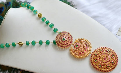 Gold look alike real kemp-green sun-moon pendant with pumpkin bead mala dj-37591