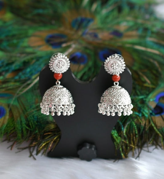 Silver tone coral beads jhumkka dj-37595