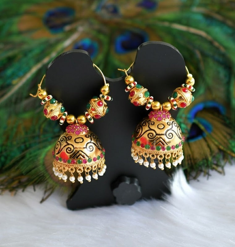 Antique gold tone ruby-emerald hoop Jhumkka dj-37597