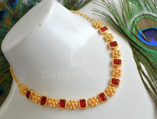 Gold tone block Red stone flower sufi necklace dj-37612
