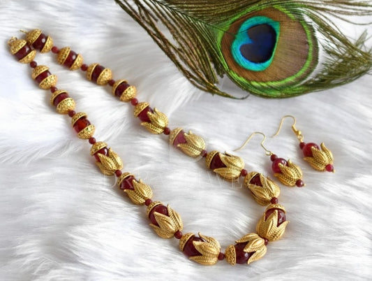 Matte Finish red agates Lotus beaded necklace set dj-37686