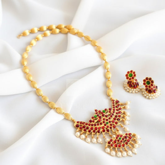 Gold tone kemp-green beaded peacock necklace set dj-34952