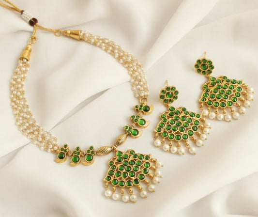Gold tone Green Pearl Mango kemp Necklace Set DJ21715