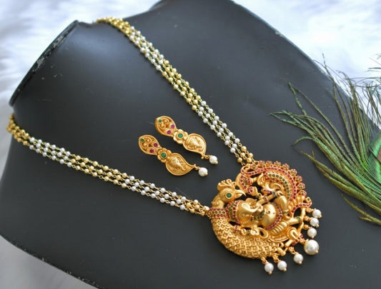 Matte finish ruby-emerald Ganesha-peacock pendant pearl necklace set dj-37691