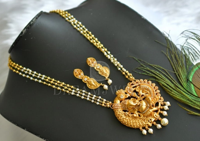 Matte finish white Ganesha-peacock pendant pearl necklace set dj-37692