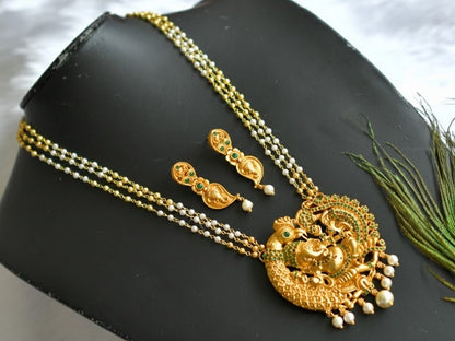 Matte finish emerald Ganesha-peacock pendant pearl necklace set dj-37693