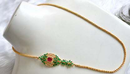 Gold tone cz ruby-white-emerald mugappu chain dj-37696