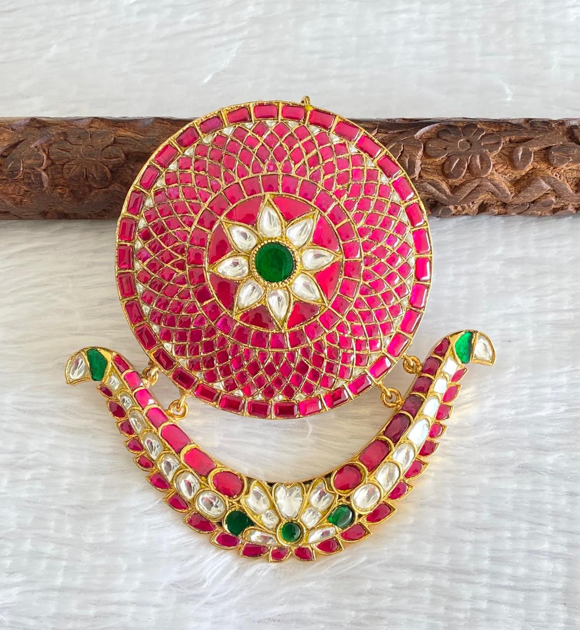 Gold tone pink-green-white kundan jadau big round flower pendant/hair jwell dj-50732