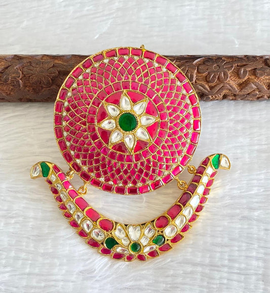 Gold tone pink-green-white kundan jadau big round flower pendant/hair jwell dj-50732