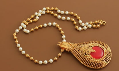 Gold Tone Kerala style Red Pendant with pearl chain DJ25030