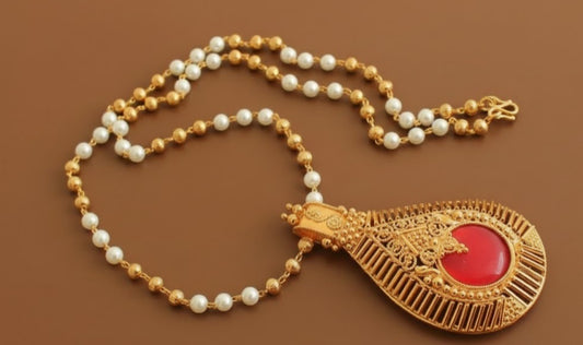 Gold Tone Kerala style Red Pendant with pearl chain DJ25030
