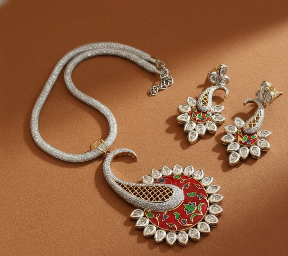 Silver tone Victorian Meenakari Pendant with chain Set DJ21899