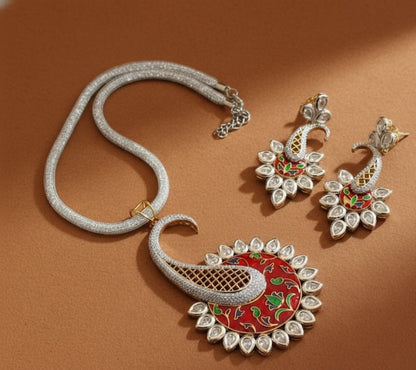 Silver tone Victorian Meenakari Pendant with chain Set DJ21899