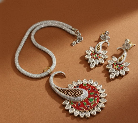 Silver tone Victorian Meenakari Pendant with chain Set DJ21899