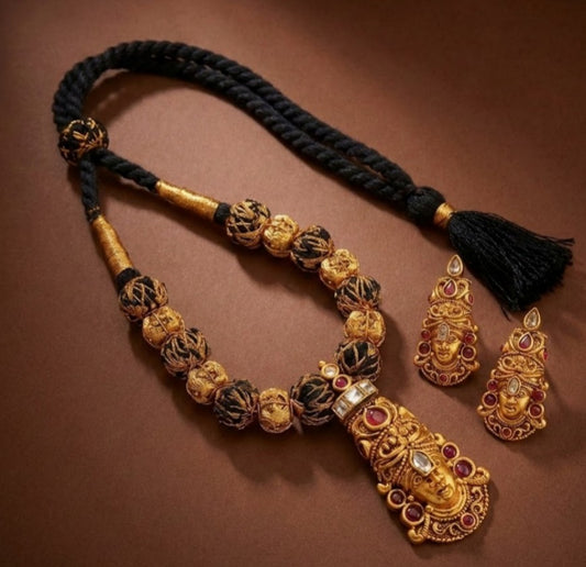 Matte Finish Ruby Shri Thirumal Thread beaded Necklace Set DJ25667