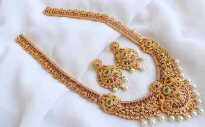 Matte Finish Ruby-emerald Peacock Pearl Haar Set DJ25666