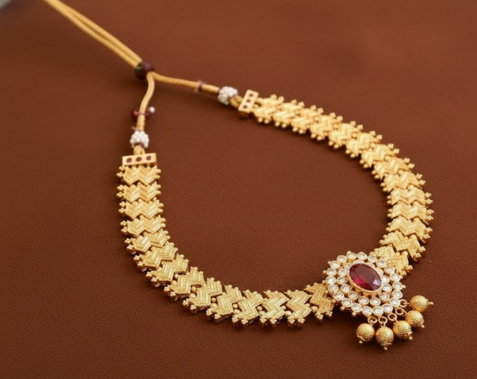 Gold Tone Cz Pink Kolhapuri Necklace DJ31519