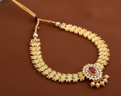 Gold Tone Cz Pink Kolhapuri Necklace DJ31519