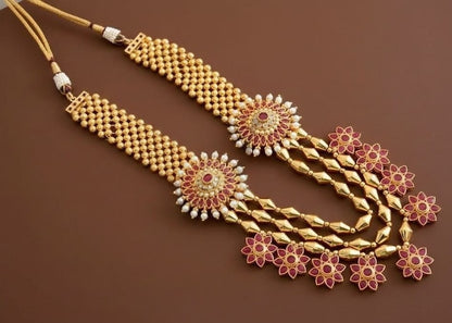 Gold Tone Pink Kolhapuri Multi Layer Flower Necklace DJ31528