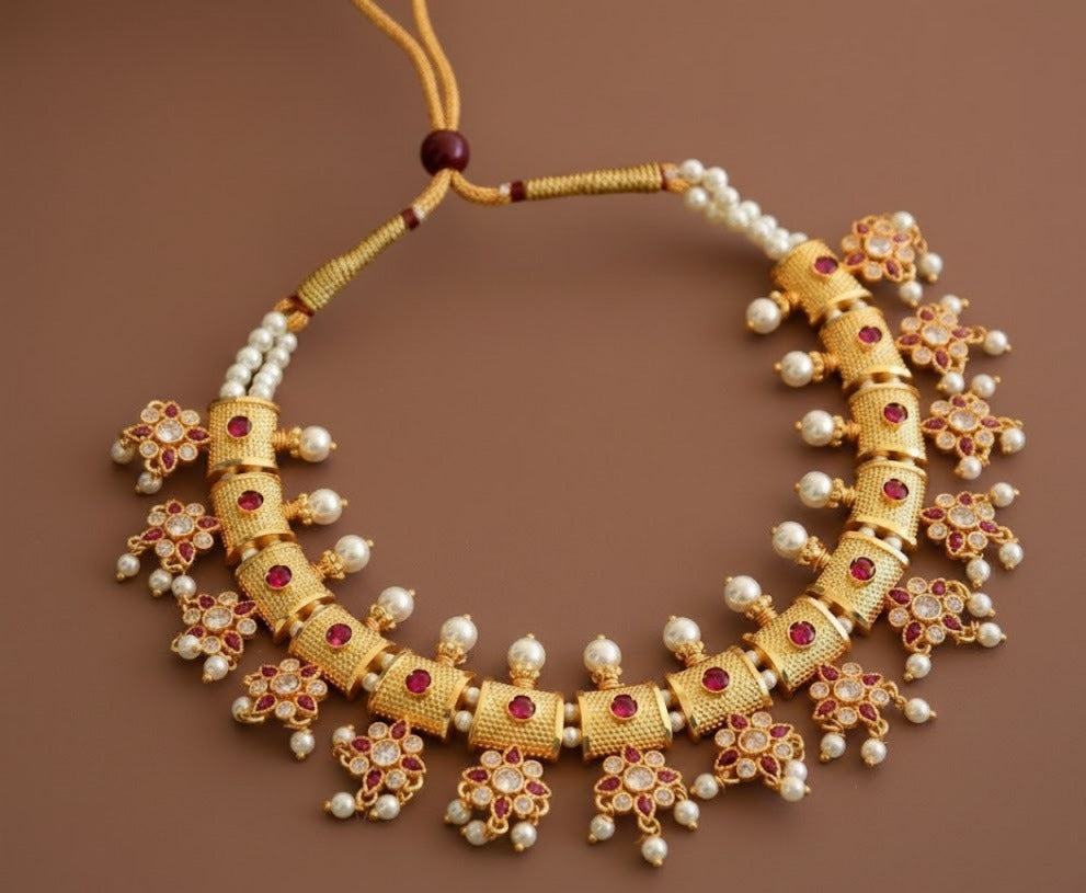 Gold Tone Cz Pink Kolhapuri Pearl Necklace Set DJ31524