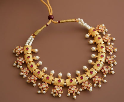 Gold Tone Cz Pink Kolhapuri Pearl Necklace Set DJ31524