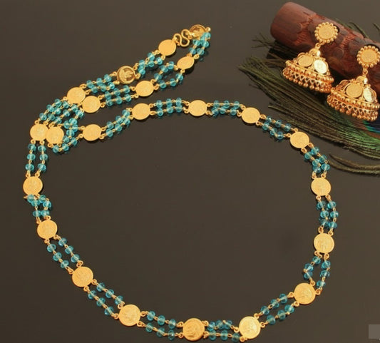 Gold Tone Sky Blue Lakshmi Coin Chain Set DJ29052
