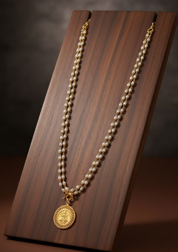 Gold tone pearl double layer chain with Lakshmi pendant dj-41902
