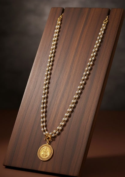 Gold tone pearl double layer chain with Lakshmi pendant dj-41902