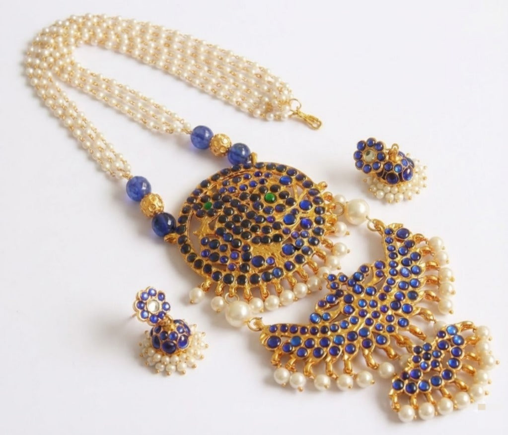 Gold tone Blue Double Pendant Pearl Haar Set DJ17729